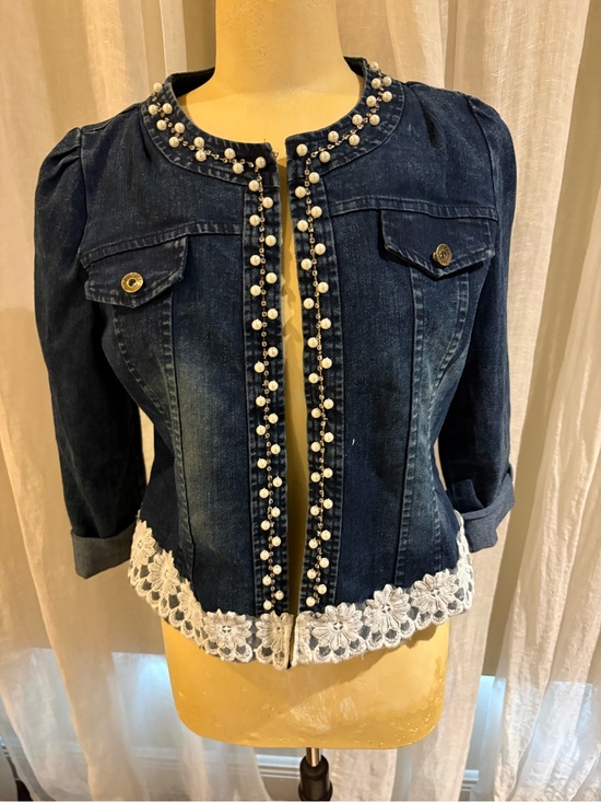 aveena creations Denim - Dark Blue Denim Jacket with Pearl Trim and Lace Hem